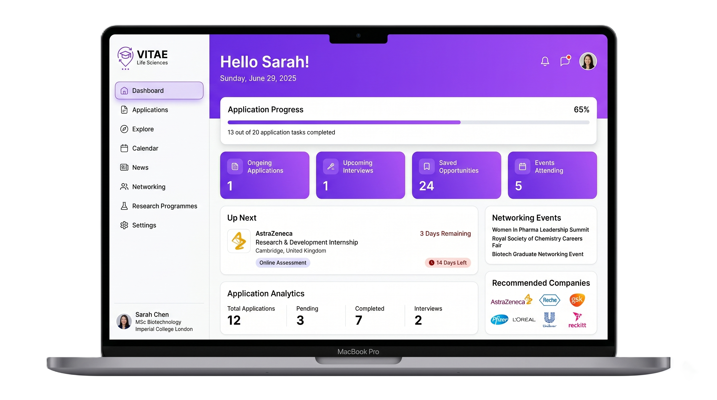 Vitae app desktop dashboard showing opportunities search and filters