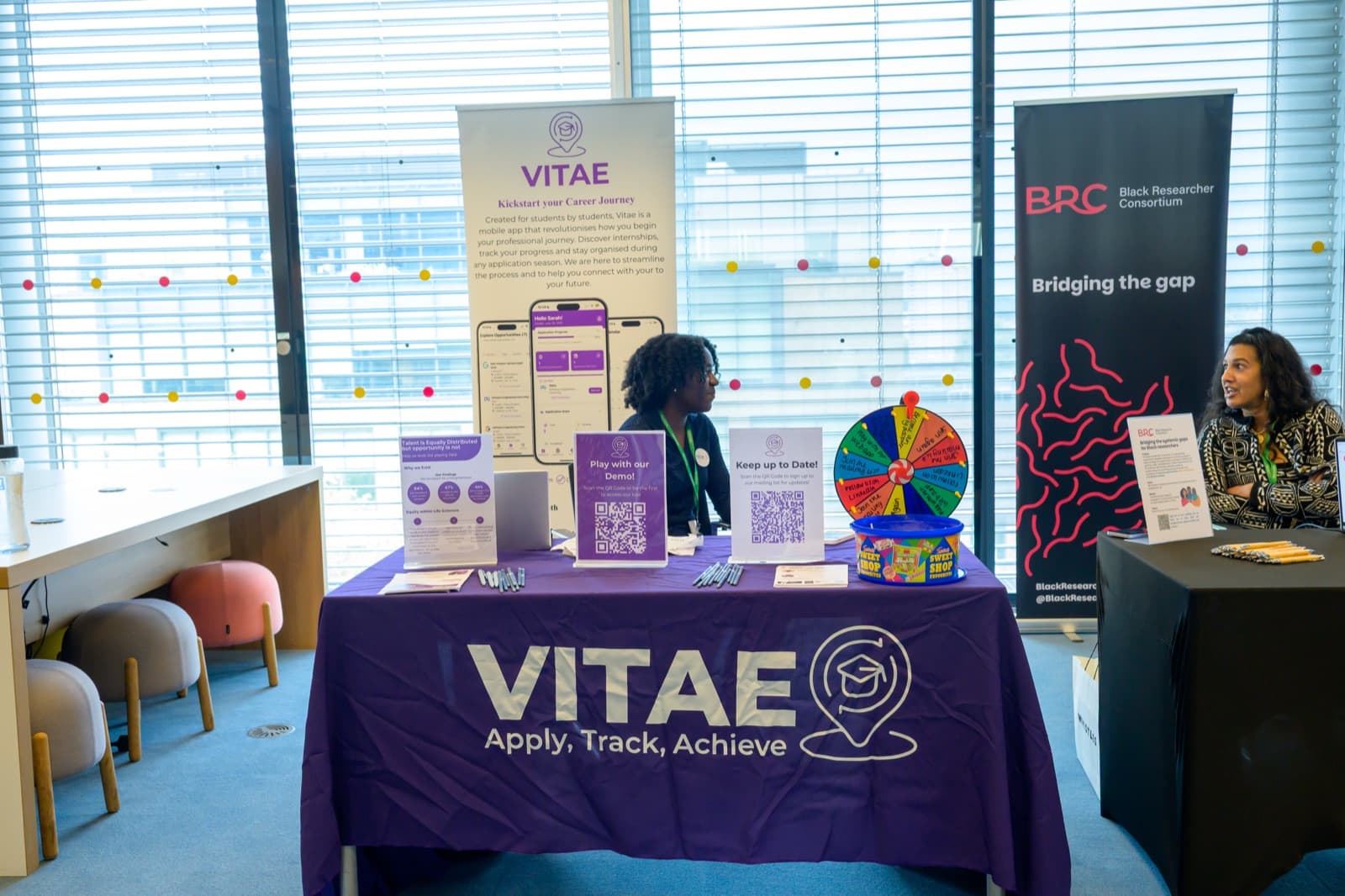 The Vitae stand at the HDR UK event, next to the Black Researcher Consortium banner