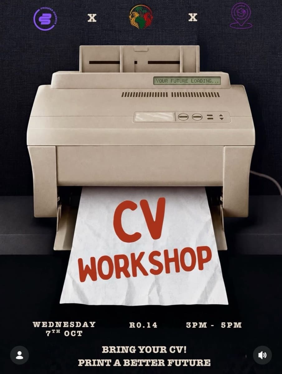 Poster for the CV workshop: a printer printing a page that reads "CV workshop"