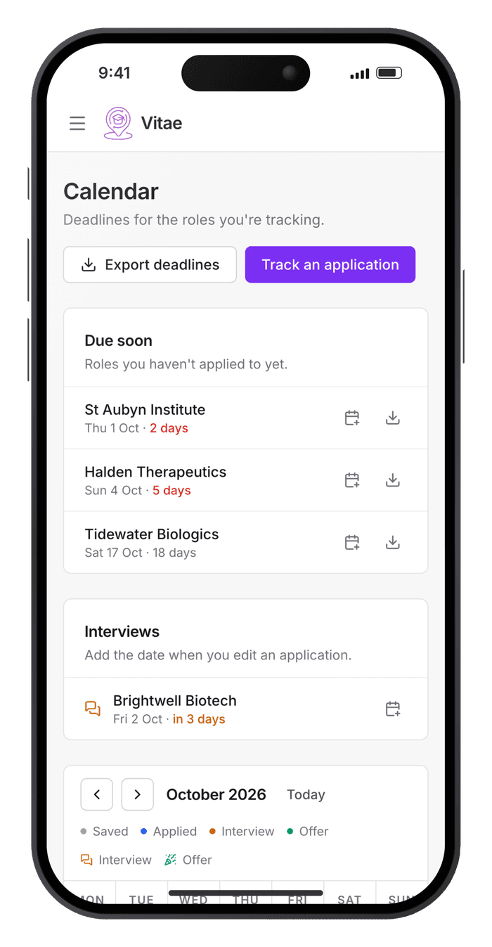 Vitae Calendar screen on mobile