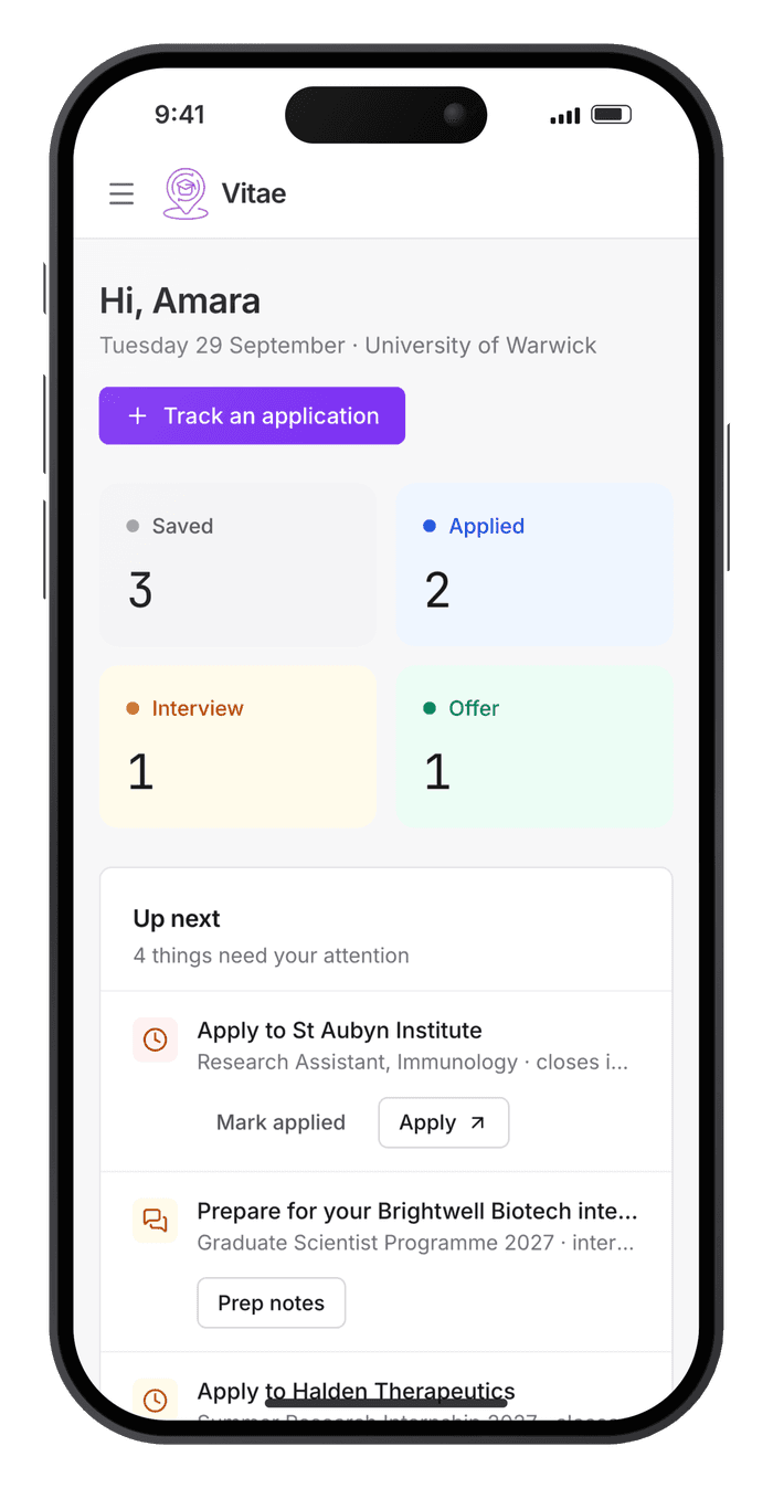 Vitae Dashboard screen on mobile
