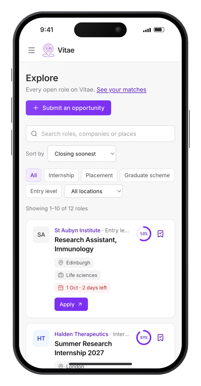 Vitae Explore on a phone, listing matched roles
