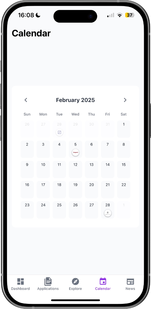 Vitae Calendar screen on mobile