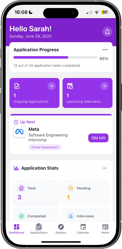 Vitae app mobile dashboard showing application progress and stats