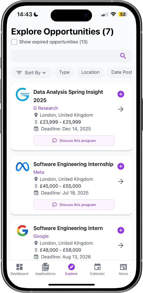 Vitae Explore Opportunities screen on mobile